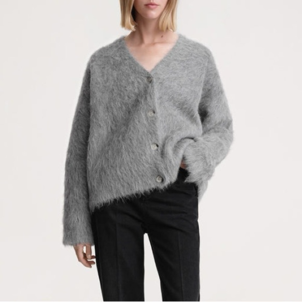 TOTEME Gray Soft Fuzzy Knit Boxy Alpaca Oversized Biella Cardigan Sweater XS/S